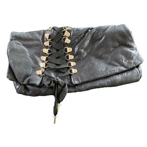 Junior Drake Large Lace-up Corset Clutch Buttery Soft Black Leather Gothic
